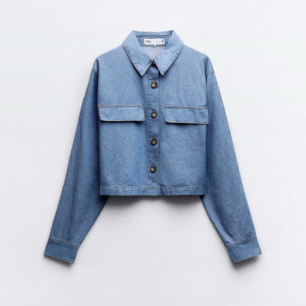 NWT Zara Denim Cropped Long Sleeve Button Down Top Size L